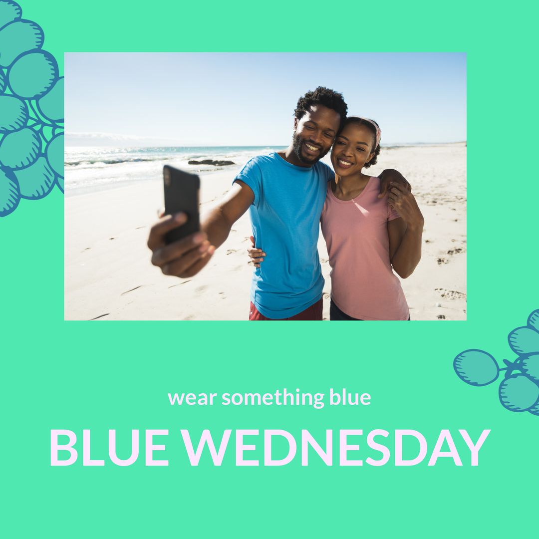 Couple Celebrating Blue Wednesday with Beach Selfie