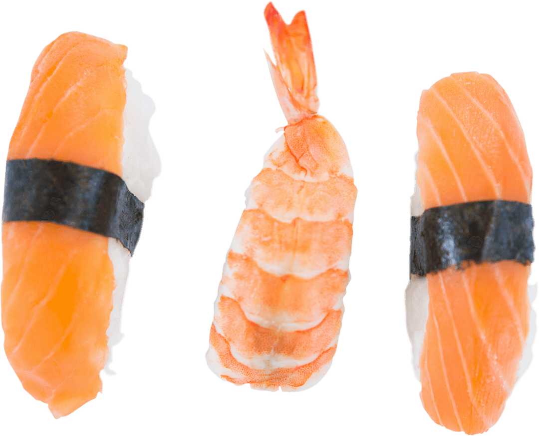 Transparent Trio of Fresh Salmon and Shrimp Sushi Close-Up