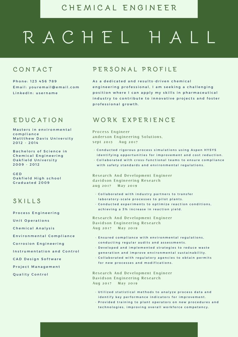 Chemical Engineering Resume Template Featuring Environmental Skills and Experience - Download Free Stock Templates Pikwizard.com