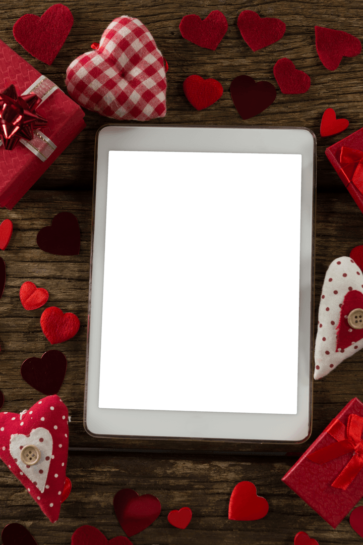 Transparent Tablet with Valentine Decorations on Rustic Wood