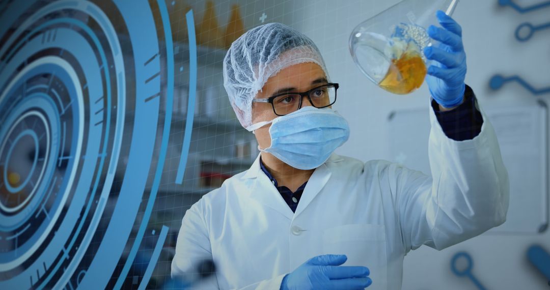 Scientist Analyzing Liquid with Future Technology Interface