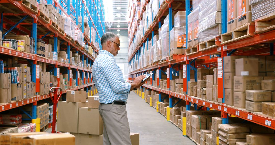 Warehouse Worker Using Tablet for Inventory Management Amongst Boxes