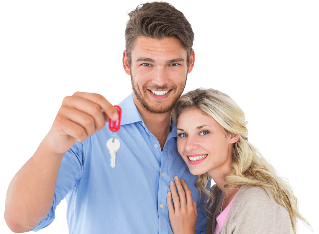 Happy Couple Holding New House Key on Transparent Background