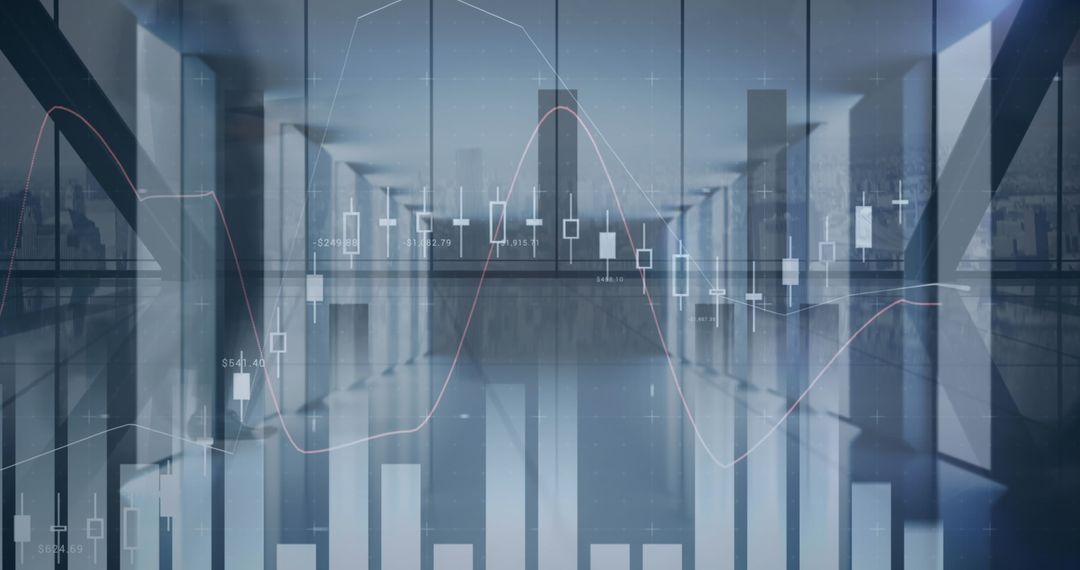 Digital Financial Data Overlay with Walking Crowd in Modern Office