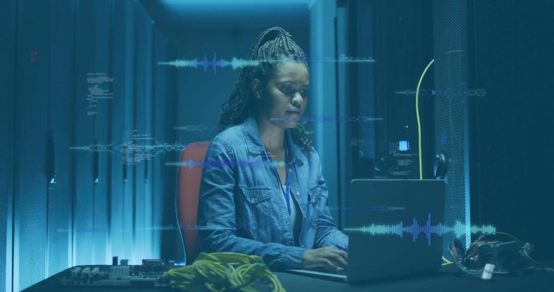 Focused Network Engineer Typing on Laptop in Data Center