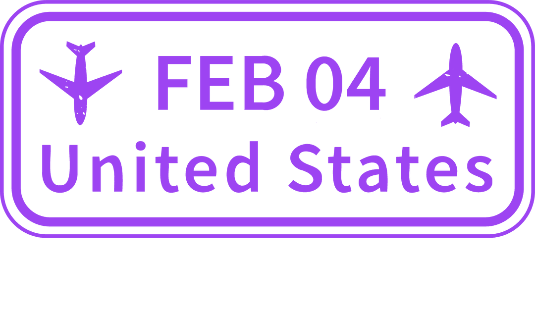 Flat Purple Travel Stamp USA with Airplanes on Transparent Background