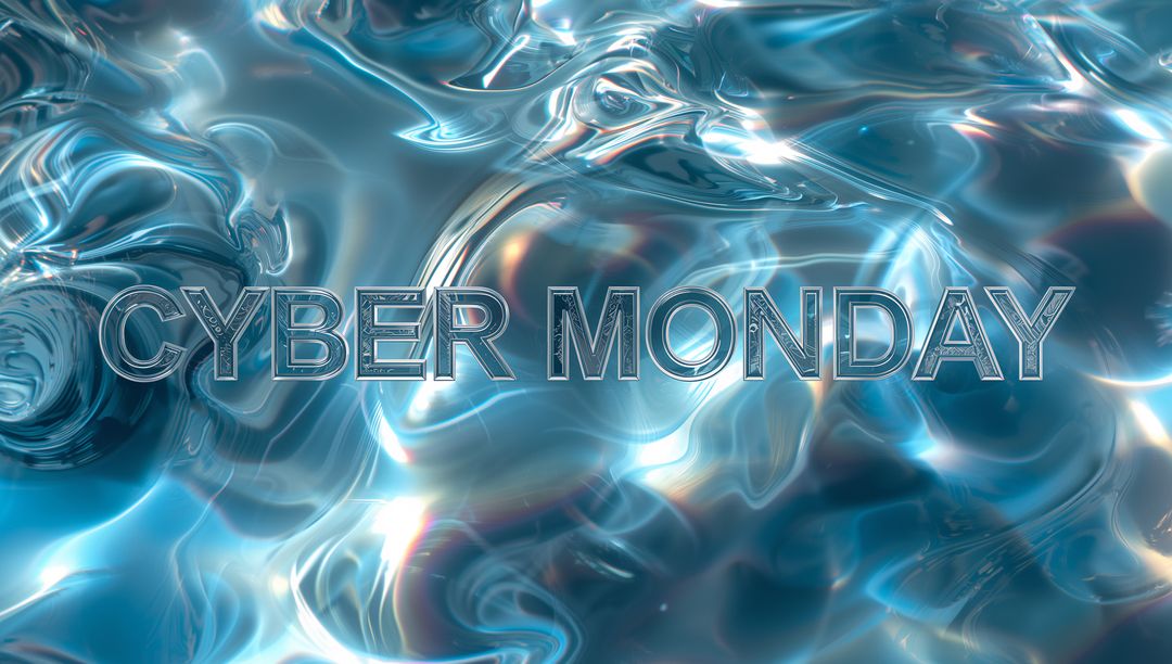 Cyber Monday Metallic Typography Over Glossy Blue Liquid Backdrop Ripples Light Flares
