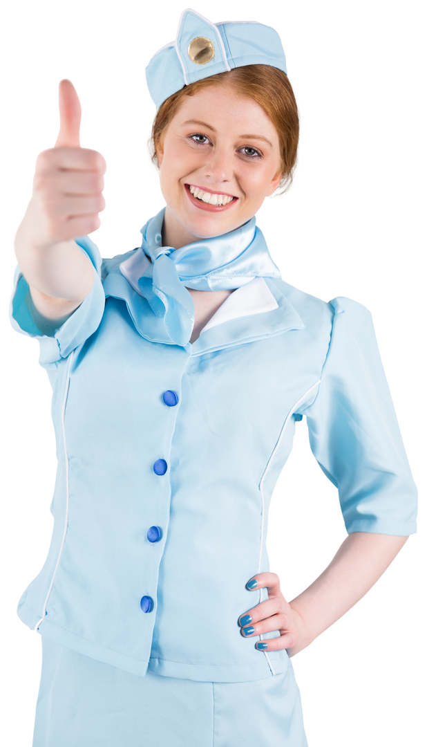 Smiling Air Hostess in Blue Uniform Giving Thumbs Up, Transparent Background - Download Free Stock Images Pikwizard.com