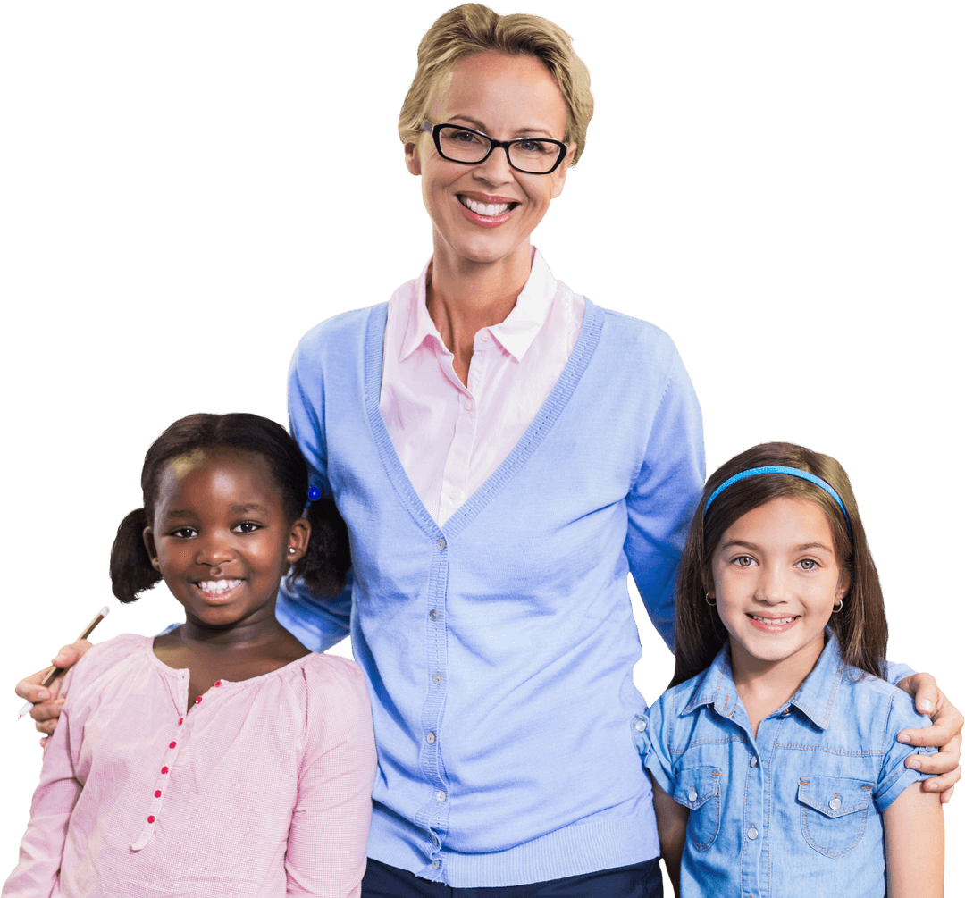 Confident Teacher in Transparent Background with Diverse Students