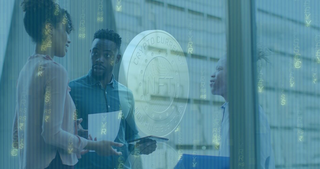 Business Professionals Discuss Blockchain with NFT Overlay and Digital Elements