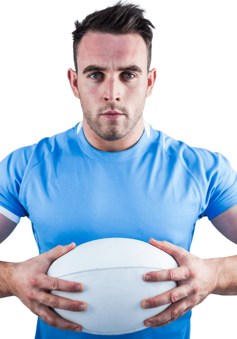 Rugby Player Holding Ball with Intense Look on Transparent Background