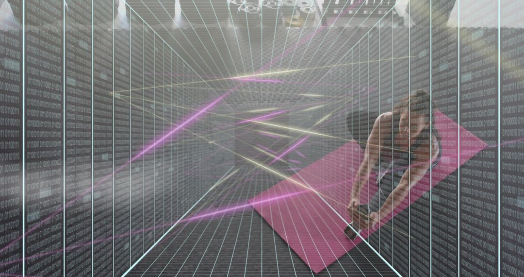 Futuristic workout scene with athlete stretching on pink mat among server racks neon grid