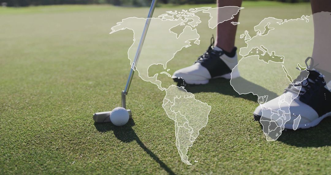Golfer Aligns Putter with Global Map Overlay on Putting Green