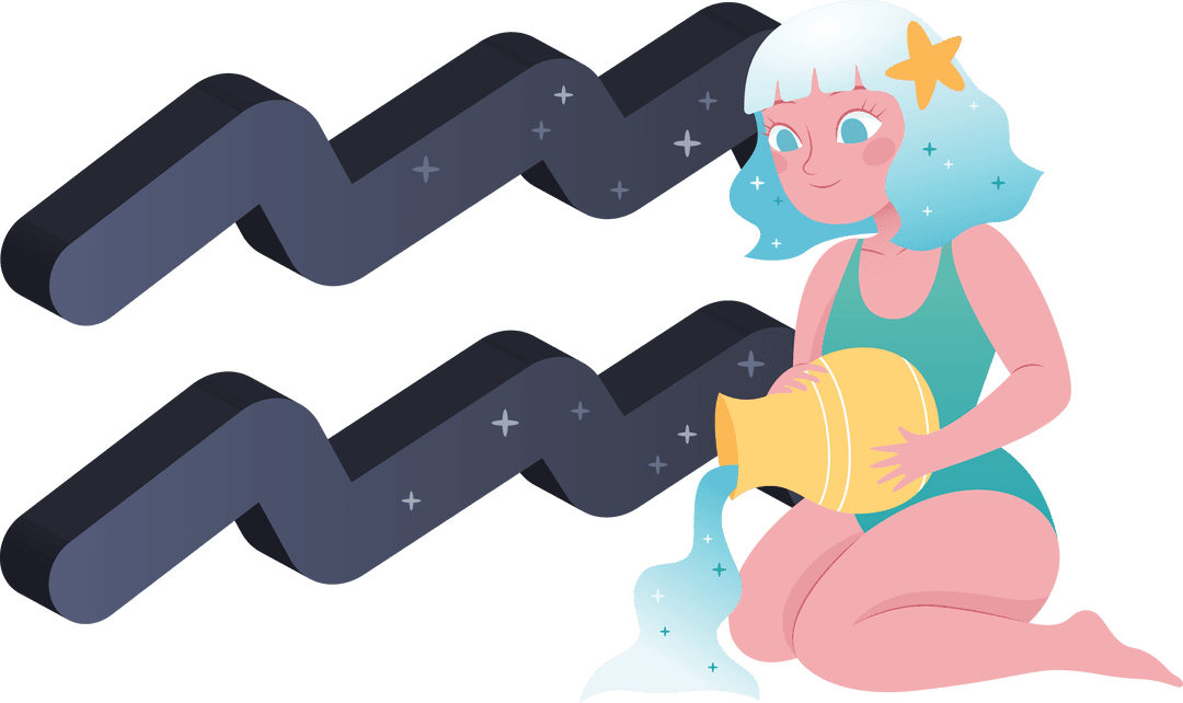 Cartoon Aquarius Zodiac Goddess on Transparent Background