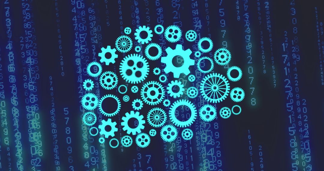 Digital Brain Composed of Gears on Blue Matrix Background