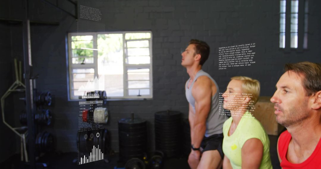 Three adults performing hip-hinge deadlifts in gym with wearable performance data overlays