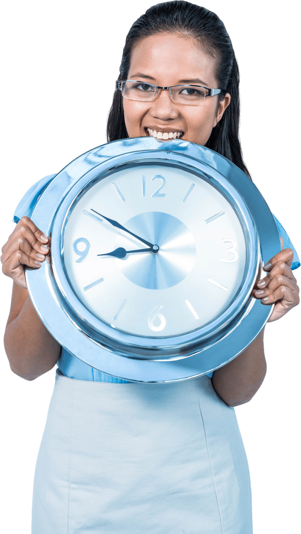 Joyful Businesswoman Holding Large Transparent Clock