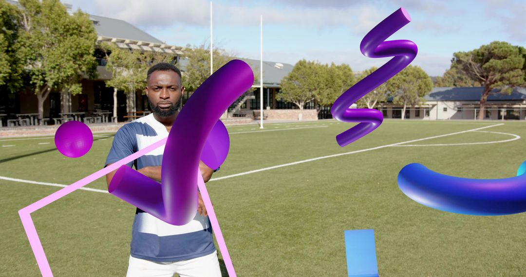 Male athlete standing on sports field with vibrant 3D abstract shapes