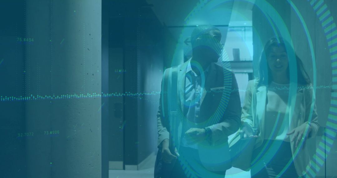 Business Professionals Walking with Futuristic Overlay in Office Hallway