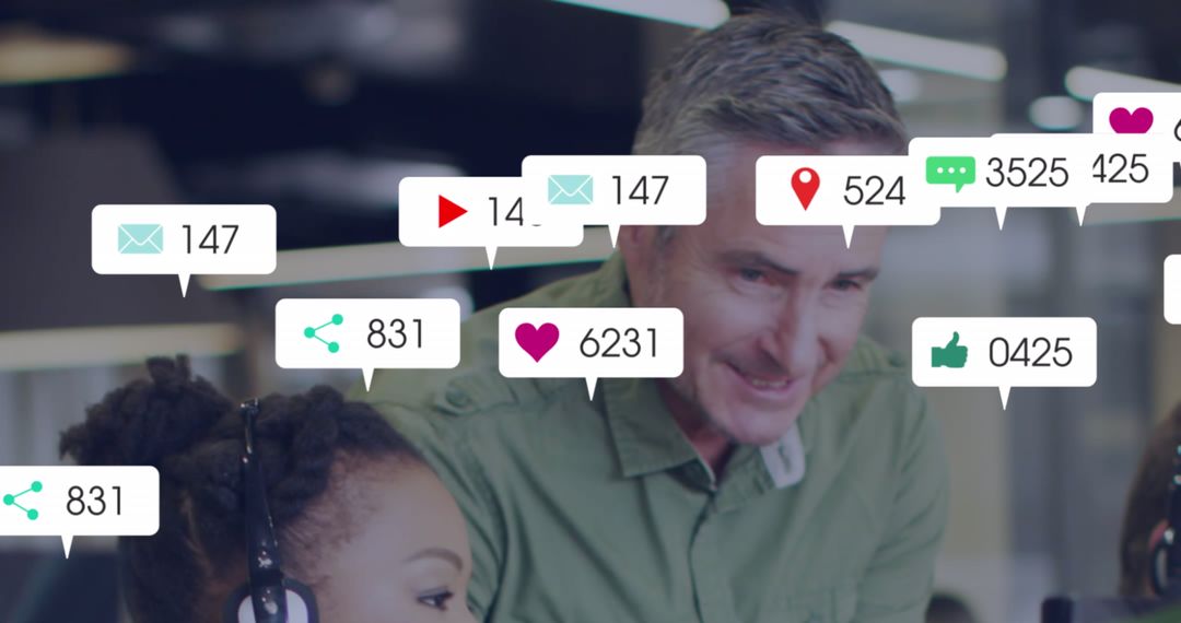 Coworkers Collaborating with Social Media Notifications Overlay