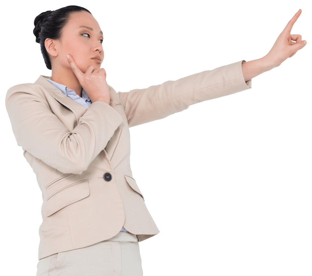 Transparent Woman in Business Suit Pointing Forward with Focused Expression