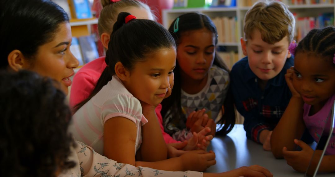 Diverse Group of Children Engaging with Teacher in Library