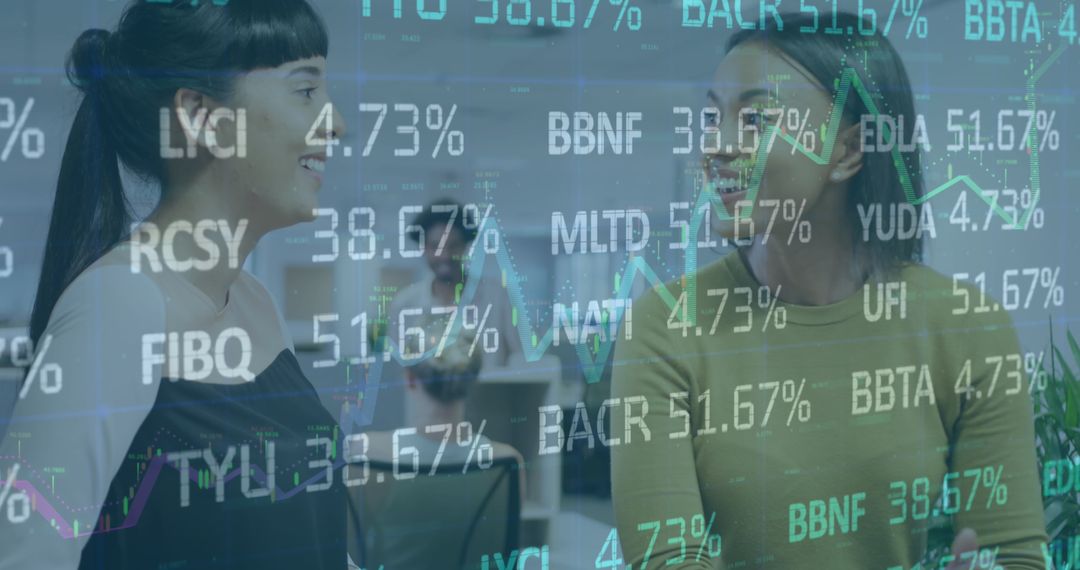 Coworkers Discussing Ideas Amidst Dynamic Stock Market Display