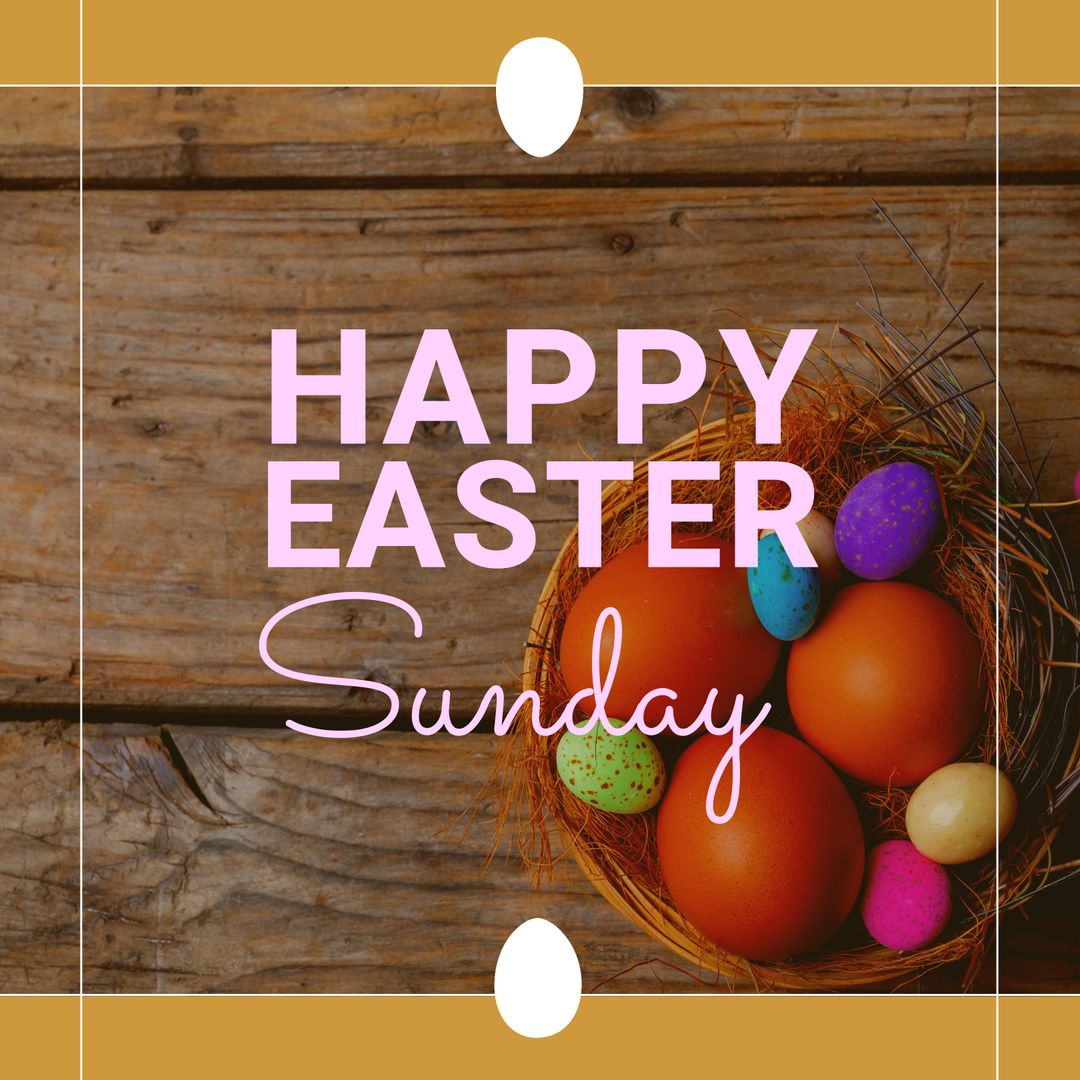 Colorful Easter Eggs in Nest on Rustic Wooden Table