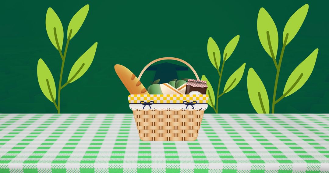 Picnic Basket with Bread and Groceries on Checkered Tablecloth