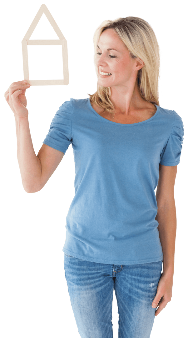 Smiling Woman Holding Transparent House Outline in Hand