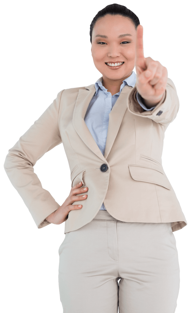 Smiling Asian Businesswoman Gesturing Number One Transparent