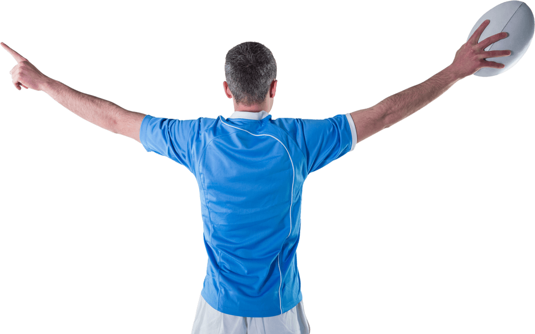 Rugby Player Celebrating with Ball, Showing Enthusiasm