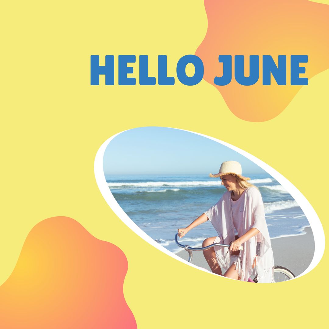 Woman Cycling on Beach Welcome June in Bright Design