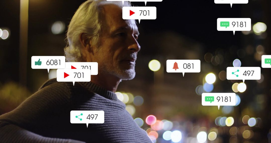 Older Man Experiencing Social Media Notifications in Busy City at Night