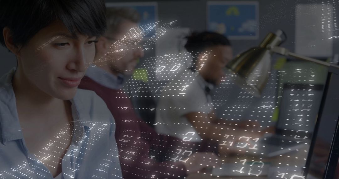 Focused Team Coding with Futuristic Digital Overlay in Modern Office