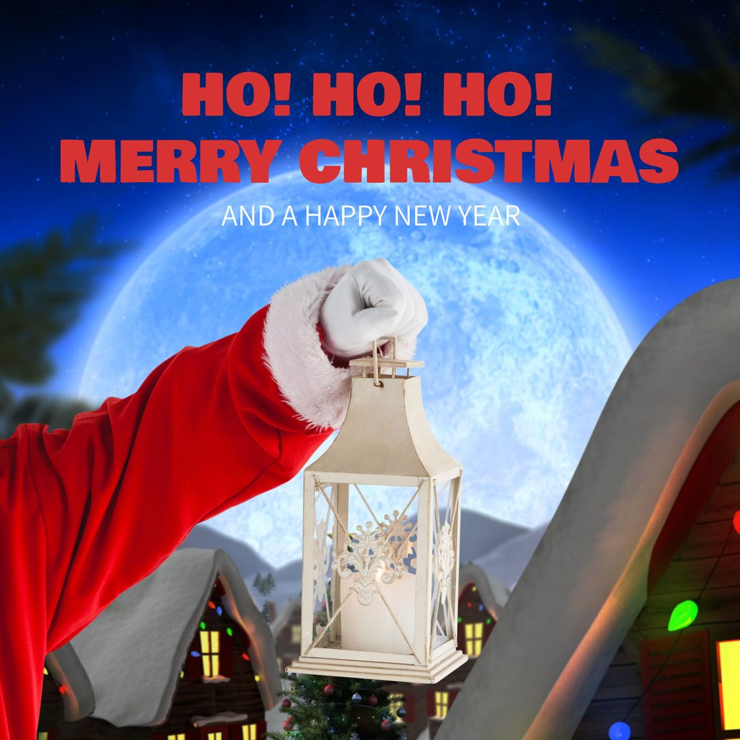 Holiday Greetings with Santa Hand and Lantern under Moonlit Sky