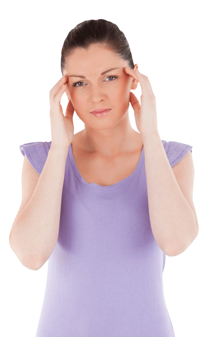 Brunette Woman with Headache Touching Her Temples on Transparent Background