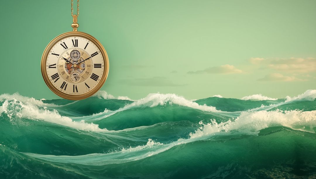 Gold Pocket Watch Floating Over Turbulent Ocean Waves