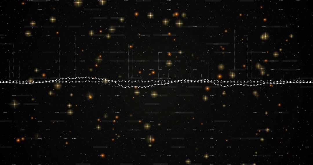 Dotted Waveform Running Across Cosmic Starfield with Data Grid and Glowing Stars