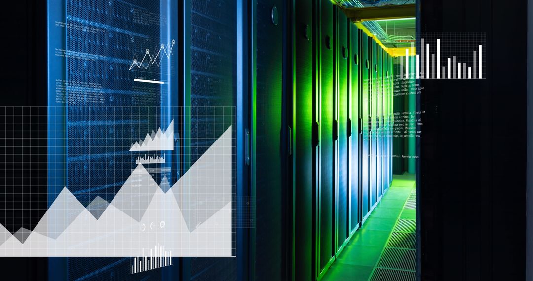 Digital Bar and Line Graphs Overlaying Computer Servers