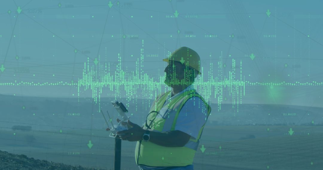 Engineer Piloting Drone on Rocky Terrain with Telemetry Display