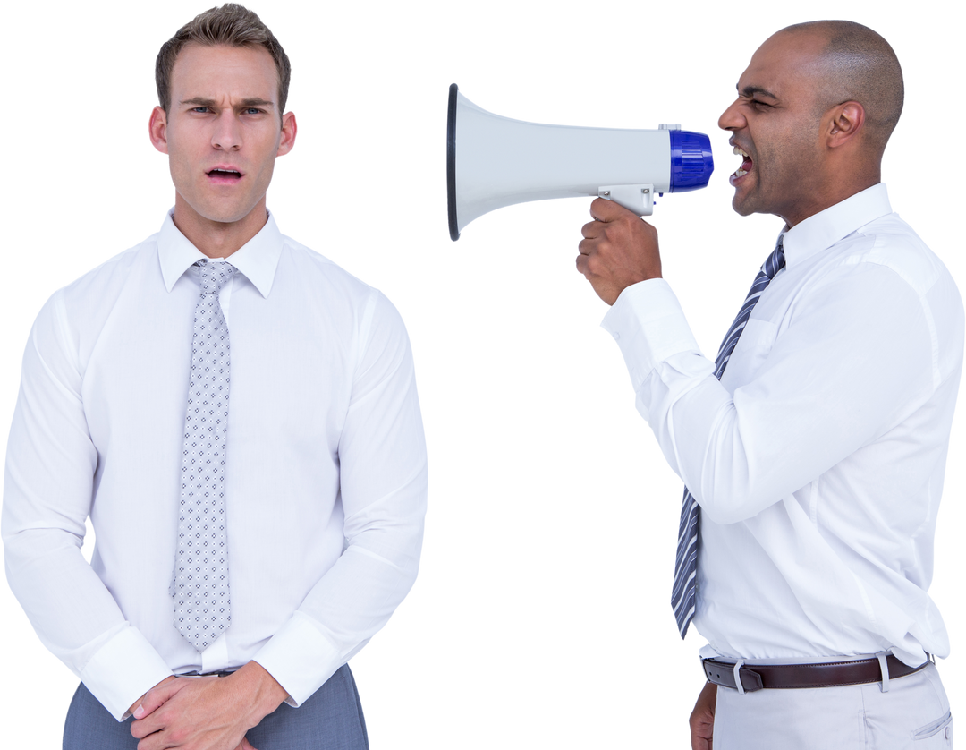 Transparent businessman yelling with megaphone at colleague - Download Free Stock Images Pikwizard.com