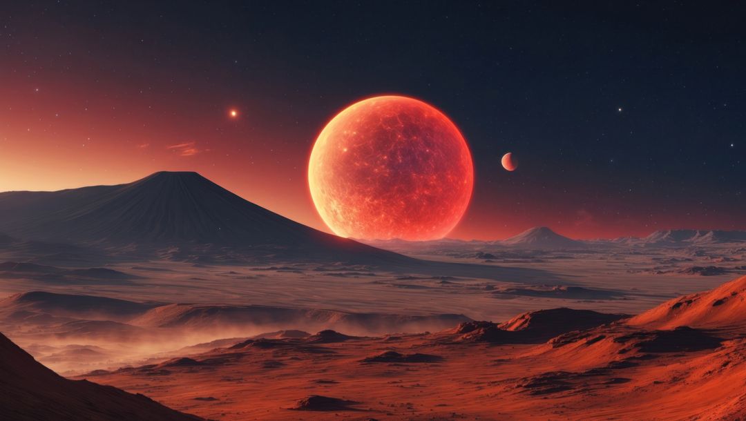 Majestic Extraterrestrial Landscape with Rising Red Planet