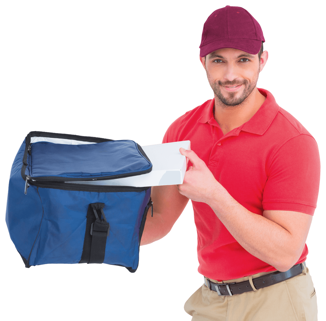 Transparent Pizza Delivery with Smiling Driver Offering Order