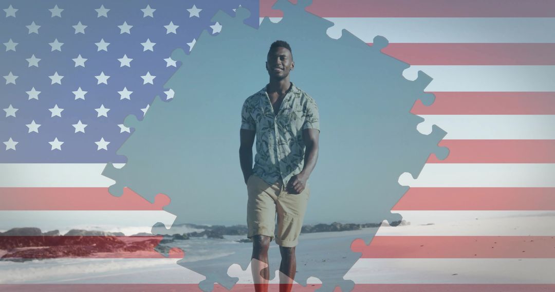 Man Walking on Sandy Beach with Flag and Puzzle Overlay