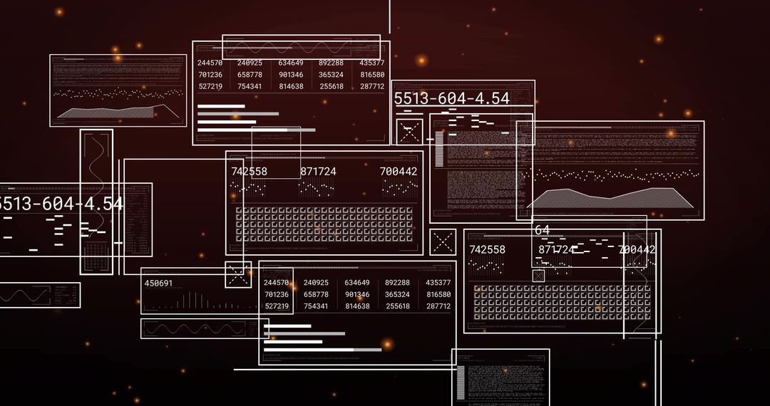 Glassy HUD Interface with Wireframe Panels, Data Matrix, Charts and Orange Sparks