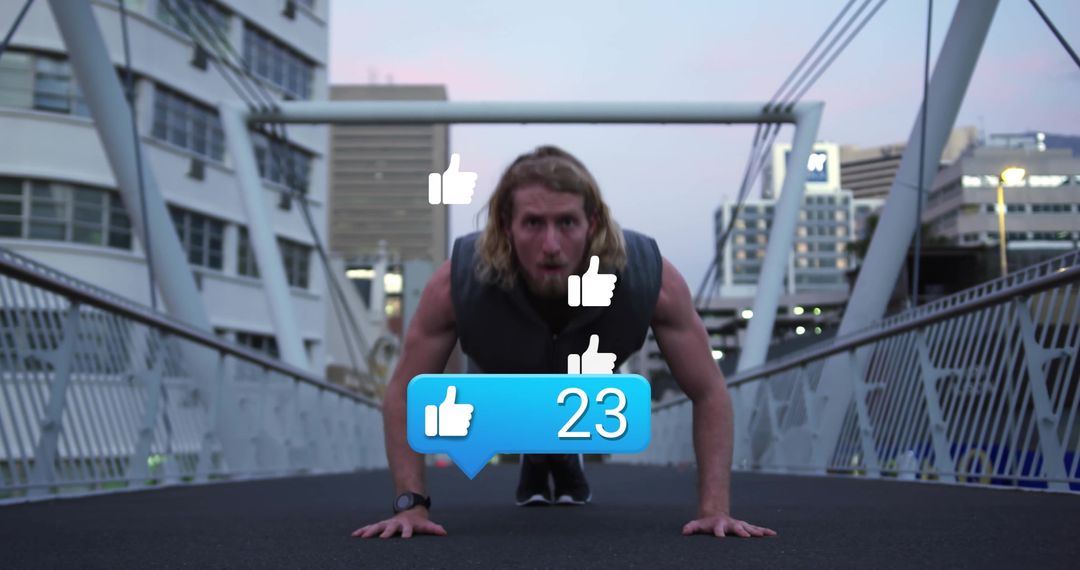 Man Exercising Outdoors with Social Media Like Overlays
