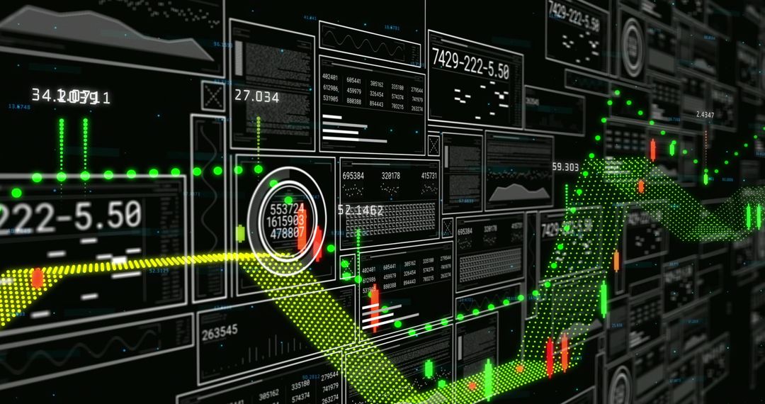 Neon 3D Financial Dashboard Visualizing Rising Market Trend with Candlesticks and Gauge
