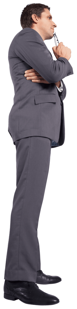 Pensive Caucasian Businessman in Gray Suit on Transparent Background