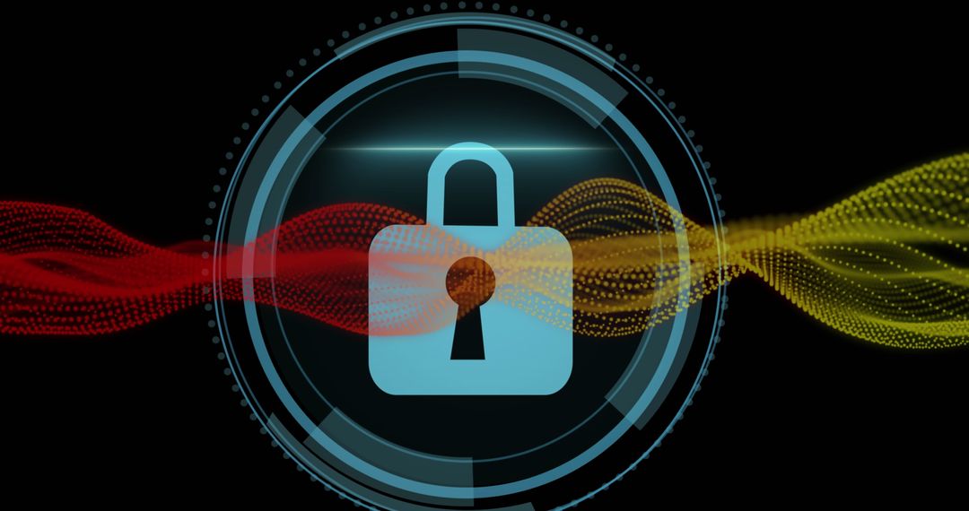 Digital Padlock with Security Waves on Black Background